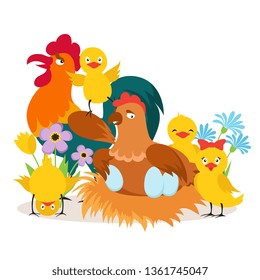 Cartoon cute chicken family with babies vector illustration