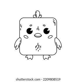A cartoon cute chicken square shape. Coloring book. Vector linear illustration isolated on white background.