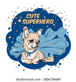 Cartoon cute chihuahua in a superhero cape. Cute superhero. Stylish image for printing on any surface