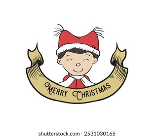 Cartoon of Cute Children Boy with Merry Christmas Banner