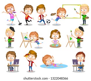 Cartoon cute children busy with different activities. Collection consist of kids playing vector illustration. Childhood and fun pastime concept. Isolated on white background