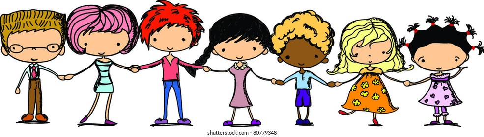 cartoon cute children holding hands