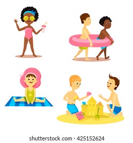 Cartoon cute children on summer beach. Fun happy kids playing with inflatable ring, sand castle, in swimwear, sunglasses, goggles. Summer friends. Children on holiday. Boys and girls on summer beach.