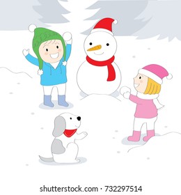 Cartoon cute children are playing snowballs and help snowman mold. Nose is a carrot. And there's a red scarf. With a dog wearing a red scarf vector.