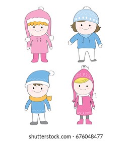 Cartoon cute children in winter dress vector.