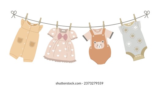 Caricatura de ropa linda para los niños seca en una línea con cortinas de tela. Dibujo de mano de ilustración vectorial de vestido de bebé, enterizo. Limpia la ropa lavada en el secador.