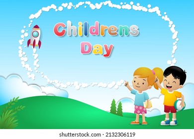 Cartoon cute children's day in nature background with flying rocket