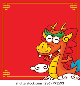 Cartoon cute chinese dragon ride on cloud with empty copy space frame background. Chinese new year 2024 greeting banner