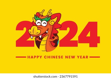 Cartoon cute chinese dragon zodiac greeting chinese new year 2024 on yellow background. Year of the dragon