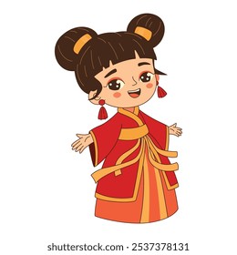 Cartoon cute chinese girl in ancient national costume. Chinese new year children art