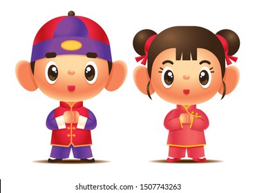 Cartoon cute chinese girl and boy character set. Chinese kids wishing happy chinese new year - vector mascot