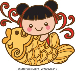 Cartoon Cute Chinese Girl wearing Red National Costumes. Isolated Vector Illustrations.  Chinese new year kids cartoon. Chinese girl design vector. Sticker of red costume. Chinese girl with fish cake.