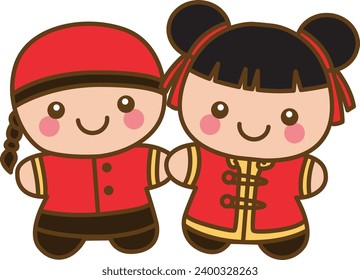 Cartoon Cute Chinese Girl wearing Red National Costumes. Isolated Vector Illustrations.  Chinese new year kids cartoon. Chinese girl design vector. Sticker of red costume. Chinese boy and girl.