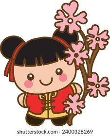 Cartoon Cute Chinese Girl wearing Red National Costumes. Isolated Vector Illustrations.  Chinese new year kids cartoon. Chinese girl design vector. Sticker of red costume. Chinese girl with sakura.