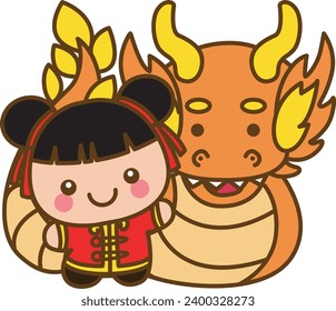 Cartoon Cute Chinese Girl wearing Red National Costumes. Isolated Vector Illustrations.  Chinese new year kids cartoon. Chinese girl design vector. Sticker of red costume. Chinese girl with dragon.