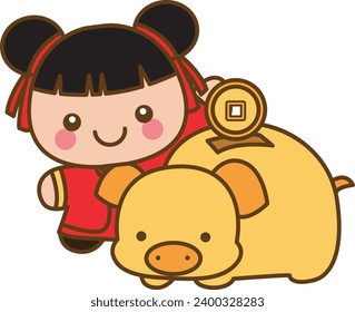 Cartoon Cute Chinese Girl wearing Red National Costumes. Isolated Vector Illustrations.  Chinese new year kids cartoon. Chinese girl design vector. Sticker of red costume. Chinese girl with piggy bank