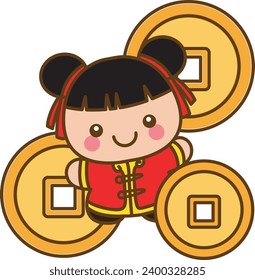 Cartoon Cute Chinese Girl wearing Red National Costumes. Isolated Vector Illustrations.  Chinese new year kids cartoon. Chinese girl design vector. Sticker of red costume. Chinese girl with gold coins