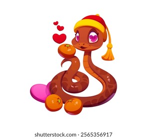 Cartoon cute Chinese lunar new year and valentine day snake character with brown scales and heart shaped pupils holds mandarin fruit. Funny reptile wears red tasseled hat, surrounded by love hearts