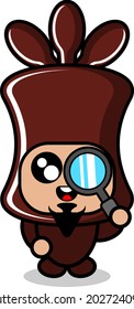 caricatura lindo personaje de disfraces de mascota de bobina de chocolate con una lupa