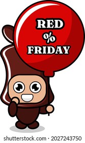 caricatura lindo chocolate caramelo personaje de disfraces de mascota con globo rojo del viernes