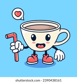 cartoon cute chocolate cup holding a straw, fun and kawaii