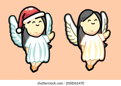 Cartoon cute Christmas angel with long black hair Vector illustration