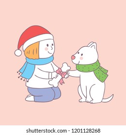 Cartoon cute Christmas boy giving gift for dog vector.