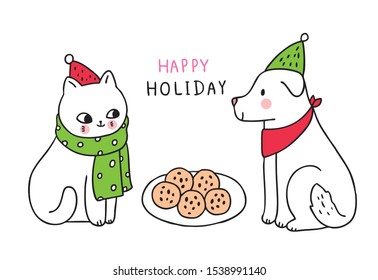 Cartoon cute Christmas cat and dog eating cookies vector.