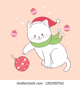 Cartoon cute Christmas cat playing vector.