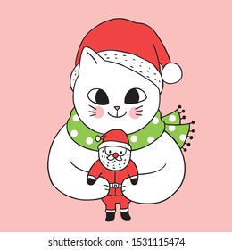 Cartoon cute Christmas cat and santa claus doll vector.