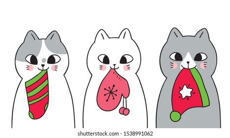 Cartoon cute Christmas cat and sock and hat and glove vector.