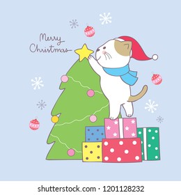 Cartoon cute Christmas cat and Christmas tree vector.