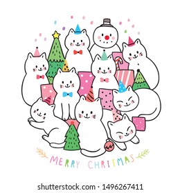 Cartoon cute Christmas, cats and gifts and Christmas tree vector.