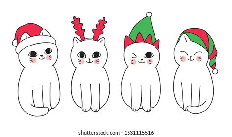 Cartoon cute Christmas cats and hat vector.