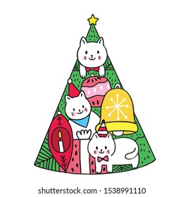 Cartoon cute Christmas  cats and christmas tree vector.