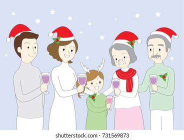 Cartoon cute christmas day, Parents and Daughters and Grandparents are celebrated happily vector.