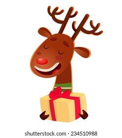 Cartoon cute christmas deer holding a gift box. Vector cheerful deer isolated on white.