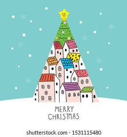 Cartoon cute Christmas, Desigh town Christmas tree vector.