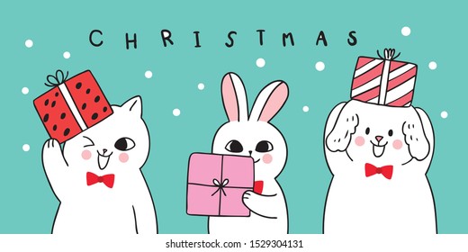 Cartoon cute Christmas Dog and cat and rabbit carry gift vector.