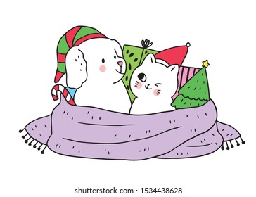 Cartoon cute Christmas Dog and cat and gifts vector.