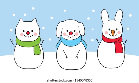 Cartoon cute Christmas Dog and cat and rabbit snowman vector.