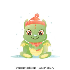 Cartoon cute christmas dragon with hat, great design vector. White color background. New Year 2024 Vector art.