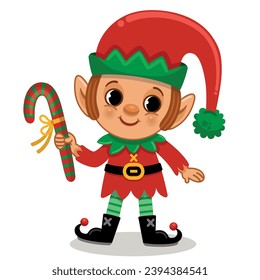 Cartoon cute Christmas elf presenting a candy cane. Vector illustration.