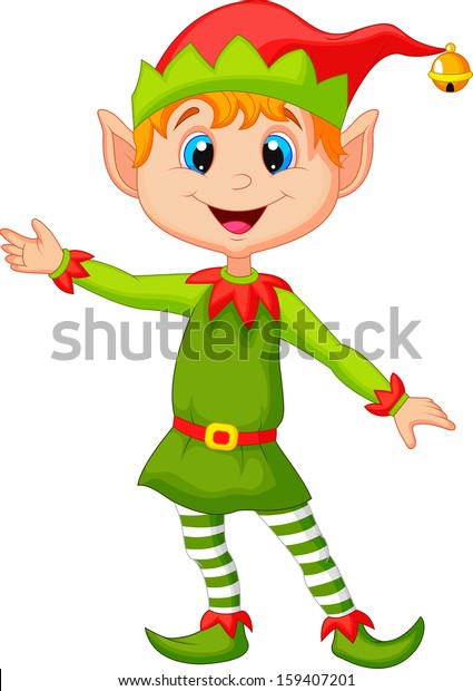 Cartoon Cute Christmas Elf Presenting Stock Vector (Royalty Free) 159407201