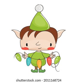 Cartoon cute christmas elf for print design. Vector illustration.