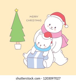 Cartoon cute Christmas family polar bears and gift vector.