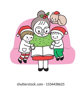 Cartoon cute Christmas grandmother and kids reading book vector.