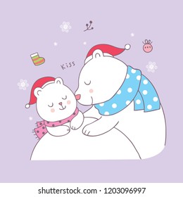 Cartoon cute Christmas mom and baby polar bear kiss vector.