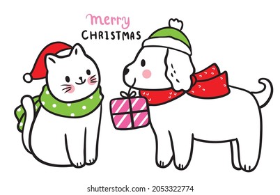 Cartoon Cute Christmas And New Year Dog And Cat And Presents Vector.