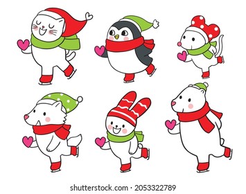 Cartoon cute Christmas and new year animals and heart vector.